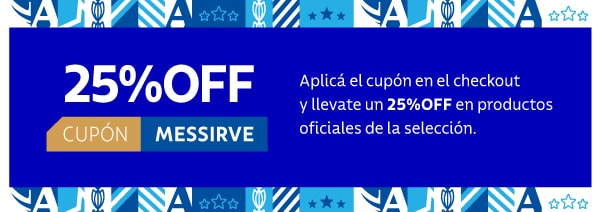 Con el cupón MESSIRVE llevate un 25%OFF en productos oficiales de la selección